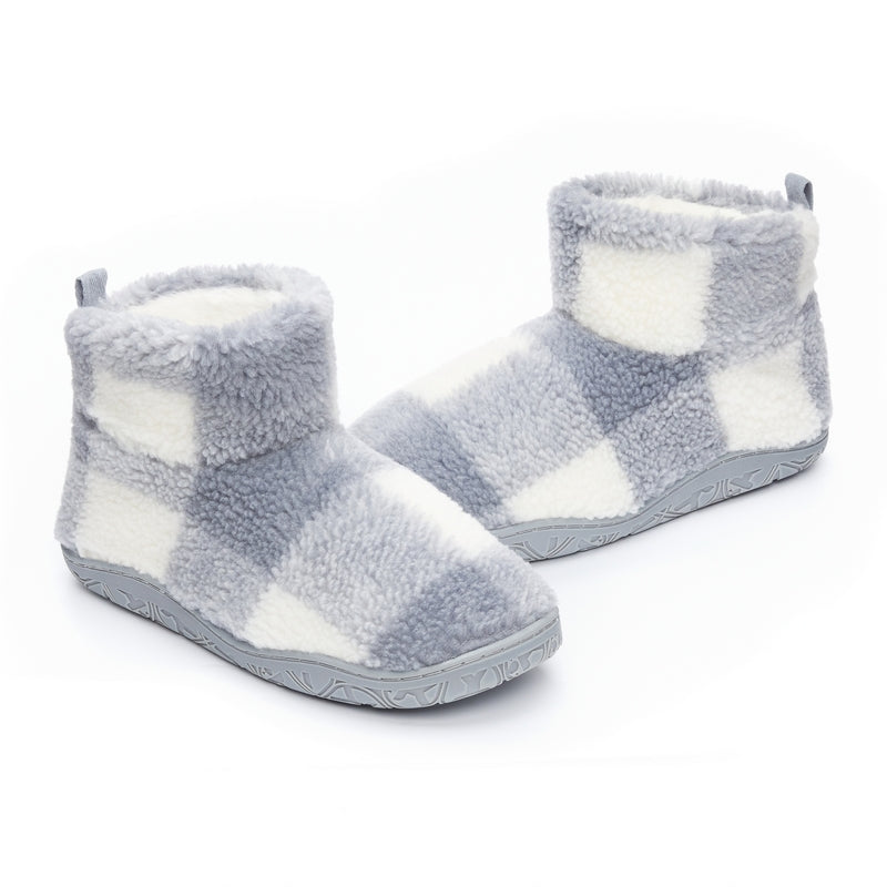 Celeste Shorter Length Check Sherpa Slipper Boot Grey Check Bedroom Athletics