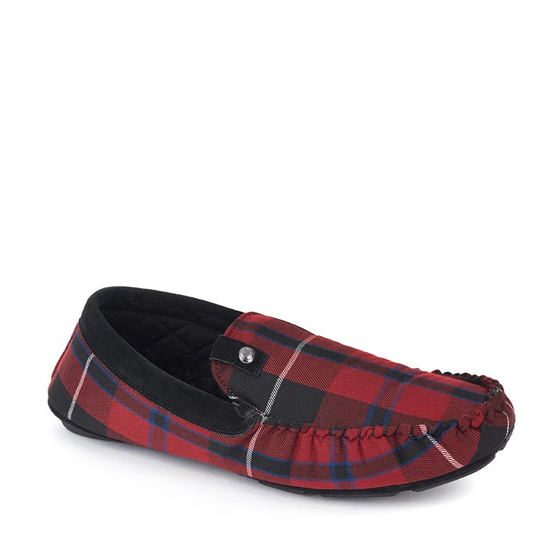 The Benedict Check Woven Moccasin in black and red Check combines a classic shape with faux fur lining. Bedroom Athletics offers a wide range of premium quality slippers, slip on boots and loungewear.